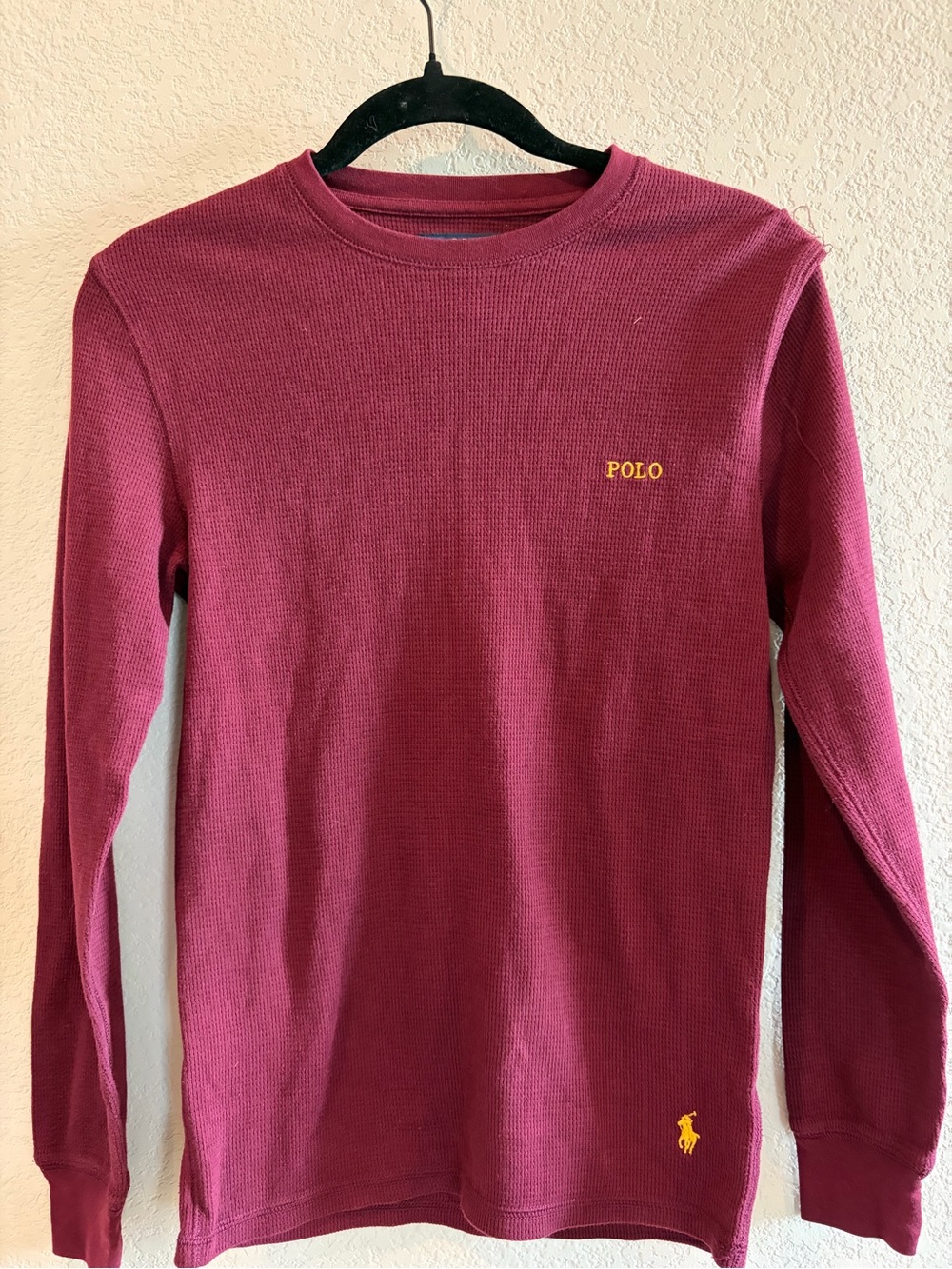 Polo by Ralph Lauren Long-Sleeve Thermal Tee in Burgundy with Yellow Logo